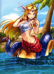 Rule 34 | 1girl, blonde hair, blue eyes, echidna (p&amp;d), highres, lamia, monster girl, partially submerged, puzzle &amp; dragons, smile, solo