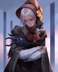 Rule 34 | 1girl, alien, ascot, bloodborne, blue eyes, bonnet, brown cape, cape, cloak, commentary request, cowboy shot, creature, dress, flower, gloves, grey hair, hair ornament, hat, hat flower, highres, hug, hunter (great one) (bloodborne), jewelry, jiro (ninetysix), long hair, long sleeves, orange flower, parted bangs, parted lips, plain doll, red ascot, red hat, ribbon, short hair, solo, spoilers