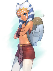 Rule 34 | 1girl, ahsoka tano, alien, animification, backpack, bag, bandeau, bare shoulders, belt, black skirt, blue eyes, breasts, carrying, cleavage, clone wars, colored skin, crossed arms, facial mark, fingerless gloves, forehead mark, frown, gloves, highres, loincloth, looking at viewer, looking back, midriff, miniskirt, musical note, navel, orange skin, pantyhose, profile, rotta the hutt, size difference, skirt, small breasts, solo, standing, star wars, star wars: the clone wars, strapless, striped, striped clothes, striped headwear, tan, tentacle hair, togruta, tube top, uchiu kazuma, white pantyhose, wrist cuffs