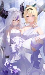 Rule 34 | 2girls, alternate costume, aqua eyes, artist request, black headband, black nails, blonde hair, bouquet, breasts, bridal gauntlets, bridal veil, carrying, choker, colored bangs, cross, crucifix, dress, fake tail, female focus, flower, headband, highres, hololive, horns, jewelry, kazama iroha, la+ darknesss, large breasts, long hair, medium hair, multicolored hair, multiple girls, necklace, pointy ears, princess carry, purple hair, ring, second-party source, single bridal gauntlet, small breasts, smile, streaked hair, tail, thighhighs, two-tone hair, veil, virtual youtuber, wedding, wedding dress, wedding ring, white bridal gauntlets, white choker, white hair, white thighhighs, wife and wife, wrist cuffs, yellow eyes, yuri