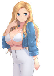 Rule 34 | 1girl, blonde hair, blue eyes, breasts, cleavage, closed mouth, collarbone, cowboy shot, earrings, high-waist pants, highres, hoop earrings, jewelry, large breasts, long hair, original, pants, solo, tipo (tipoplaza), white background