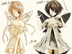 Rule 34 | bad id, bad pixiv id, bandages, brown eyes, brown hair, butterfly wings, comparison, dated, dress, duca, eyepatch, insect wings, redrawn, short hair, thighhighs, wings
