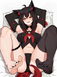 Rule 34 | 1girl, :d, ahoge, animal ear fluff, animal ears, arms up, barefoot, bed sheet, black hair, black panties, black shirt, blush, braid, breasts, cameltoe, cleft of venus, detached sleeves, ear piercing, fox ears, fox tail, glasses, highres, hololive, kurokami fubuki, large breasts, looking at viewer, lying, nail polish, navel, neckerchief, no shoes, on back, on bed, open mouth, panties, piercing, pillow, red eyes, red neckerchief, shirt, single braid, single thighhigh, smile, solo, tail, thighhighs, toenail polish, toenails, underwear, varniskarnis, virtual youtuber
