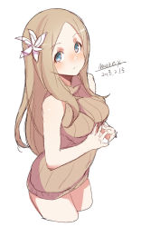 Rule 34 | 1girl, bare arms, bare shoulders, blue eyes, blush, breasts, brown sweater, closed mouth, cowboy shot, cropped legs, dated, fingers together, hair ornament, light brown hair, long hair, looking at viewer, maze (gochama ze gohan), medium breasts, original, parted bangs, ribbed sweater, signature, simple background, sketch, sleeveless, smile, solo, sweater, very long hair, white background