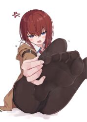 Rule 34 | 1girl, absurdres, ass, black pantyhose, black shorts, blue eyes, brown jacket, collared shirt, commentary request, feet, foot focus, foot out of frame, foot up, foreshortening, hair between eyes, hand on own foot, head tilt, heavy breathing, highres, jacket, kahlua (artist), knees up, lower teeth only, makise kurisu, necktie, no shoes, pantyhose, pantyhose under shorts, red hair, red necktie, shadow, shirt, shorts, sidelocks, simple background, sitting, soles, solo, spread toes, steins;gate, sweatdrop, teeth, thighs, toes, white background, white shirt