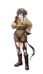 Rule 34 | 1girl, black footwear, black hair, brown eyes, brown gloves, covered mouth, formation girls, full body, fur-trimmed jacket, fur trim, gloves, goggles, goggles on head, hair between eyes, hand on own hip, highres, holding, holding sword, holding weapon, jacket, katana, kazama shinobu (henjo), kirusu, long hair, looking at viewer, low ponytail, messy hair, official art, partially fingerless gloves, sidelocks, solo, sword, transparent background, very long hair, weapon