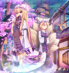 Rule 34 | 2girls, absurdres, architecture, blonde hair, bow, breasts, cherry blossoms, covered mouth, dress, closed eyes, hand fan, fox tail, frilled dress, frills, gap (touhou), hair bow, hands in opposite sleeves, hat, hat ribbon, highres, holding, japanese clothes, kitsune, long hair, long sleeves, looking at viewer, medium breasts, multiple girls, multiple tails, ofuda, petals, purple eyes, red bow, red ribbon, ribbon, seneto, short hair, sleeves past wrists, small breasts, tail, touhou, yakumo ran, yakumo yukari