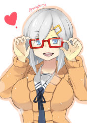 Rule 34 | 10s, 1girl, bespectacled, blue eyes, breasts, glasses, hair ornament, hair over one eye, hairclip, hamakaze (kancolle), heart, kantai collection, kion-kun, large breasts, looking at viewer, open mouth, red-framed eyewear, short hair, signature, silver hair, simple background, solo, white background