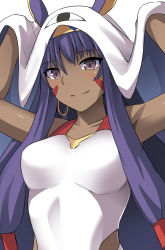 Rule 34 | 1girl, arms up, breasts, closed mouth, competition swimsuit, dark-skinned female, dark skin, fate/grand order, fate (series), hair tubes, highleg, highleg swimsuit, long hair, medium breasts, nitocris (fate), nitocris (swimsuit assassin) (second ascension) (fate), one-piece swimsuit, purple eyes, purple hair, shiseki hirame, simple background, smile, solo, swimsuit, upper body, veil, white background