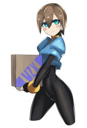Rule 34 | 1girl, aile (mega man zx), bodystocking, bodysuit, breasts, brown hair, closed mouth, gloves, green eyes, hair between eyes, layered sleeves, long sleeves, looking at viewer, mega man (series), mega man zx, no pants, protected link, robot ears, short hair, short over long sleeves, short sleeves, simple background, smile, solo, spandex, sweat, ukimukai, white background