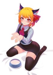 Rule 34 | 1girl, animal ears, ascot, black dress, blonde hair, bowl, cat ears, collared shirt, dress, hair ribbon, highres, kneeling, korean text, looking at viewer, pencil skirt, recare, red ascot, red eyes, red ribbon, ribbon, rumia, shirt, short hair, simple background, skirt, skirt set, smile, solo, thighhighs, touhou, translation request, white background, white shirt