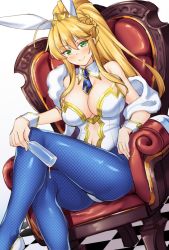 Rule 34 | 1girl, ahoge, animal ears, artoria pendragon (all), artoria pendragon (fate), artoria pendragon (swimsuit ruler) (fate), ass, bare shoulders, blonde hair, blue necktie, blue pantyhose, blush, braid, breasts, chair, checkered floor, cleavage, closed mouth, clothing cutout, crossed legs, cup, detached collar, drinking glass, fake animal ears, fate/grand order, fate (series), fishnet pantyhose, fishnets, french braid, green eyes, hair between eyes, highres, large breasts, leotard, long hair, looking at viewer, navel, navel cutout, necktie, pantyhose, playboy bunny, ponytail, rabbit ears, sash, shirokuma a, sidelocks, simple background, sitting, smile, solo, thighs, tiara, white background, white leotard, wine glass, wrist cuffs