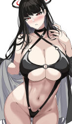 Rule 34 | 1girl, alternate costume, bare shoulders, black choker, black hair, black one-piece swimsuit, black slingshot swimsuit, blue archive, blush, breasts, bright pupils, choker, cleavage, cowboy shot, criss-cross halter, curvy, groin, hair behind ear, hair ornament, hairclip, halo, halterneck, hand in own hair, hand up, hella p, highleg, highleg swimsuit, highres, huge breasts, long hair, looking at viewer, navel, o-ring, o-ring swimsuit, one-piece swimsuit, open clothes, parted lips, red eyes, rio (blue archive), sidelocks, simple background, slingshot swimsuit, solo, stomach, swimsuit, thighs, very long hair, white background, white pupils