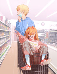 Rule 34 | 1boy, 1girl, absurdres, blonde hair, blue hoodie, casual, chainsaw man, commentary, demon horns, denji (chainsaw man), drawstring, english commentary, food, food in mouth, full body, grey pants, heelys, highres, hood, hood down, hoodie, horns, in shopping cart, indoors, long sleeves, looking to the side, mask, mask pull, mouth hold, mouth mask, open mouth, pants, pink sweater, plaid, plaid pants, pocky, pocky in mouth, power (chainsaw man), profile, raneblu, red footwear, red horns, sharp teeth, shoes, shopping, shopping cart, short hair, sitting, smile, standing, supermarket, surgical mask, sweater, teeth, upper body, yellow eyes