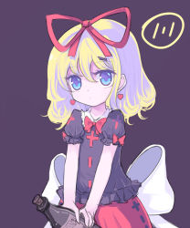 Rule 34 | 1girl, alcohol, bad id, bad pixiv id, blonde hair, blue eyes, bottle, bow, doll, earrings, frilled shirt, frilled shirt collar, frills, heart, heart earrings, holding, holding bottle, huge bow, jewelry, medicine melancholy, petite, puffy short sleeves, puffy sleeves, purple background, red ribbon, red skirt, ribbon, shirt, short hair, short sleeves, simple background, skirt, sseopik, touhou, white bow, aged down