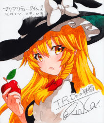 Rule 34 | 1girl, apple, artist name, bad id, bad pixiv id, black hat, blonde hair, blush, bow, braid, dated, food, from side, fruit, grey background, hair between eyes, hair bow, hat, hat bow, holding, holding food, holding fruit, kirisame marisa, leaf, long hair, looking at viewer, open mouth, qqqrinkappp, red bow, side braid, signature, simple background, single braid, solo, touhou, traditional media, upper body, white bow, witch hat, yellow eyes