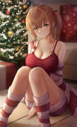 Rule 34 | 1girl, absurdres, amano kusatsu, between legs, bow, box, breasts, brown hair, camisole, cardigan, carpet, christmas, christmas tree, cleavage, closed mouth, collarbone, commentary request, couch, crossed bangs, cushion, feet out of frame, fur-trimmed shorts, fur trim, gift, gift box, hair bow, hand between legs, highres, indoors, knees together feet apart, large breasts, looking at viewer, off shoulder, on floor, open cardigan, open clothes, original, red bow, red camisole, red shorts, short twintails, shorts, sidelocks, single bare shoulder, sitting, smile, snowflake print, socks, striped cardigan, striped clothes, striped socks, thighs, twintails, twitter username, yellow eyes