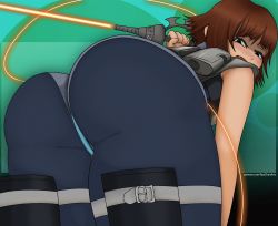 Rule 34 | 1girl, ass, aya chan, blush, bodysuit, brown eyes, brown hair, dirge of cerberus final fantasy vii, dual wielding, embarrassed, energy sword, fang, final fantasy, final fantasy vii, from behind, from below, highres, holding, huge ass, leaning, leaning forward, looking at viewer, looking back, looking down, open mouth, shelke the transparent, short hair, solo, sword, weapon