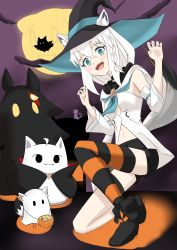 Rule 34 | 1girl, absurdres, animal ear fluff, animal ears, black shorts, black thighhighs, blush, braid, claw pose, commentary request, detached sleeves, ears through headwear, fox ears, fox girl, fox tail, green eyes, hair between eyes, halloween, halloween costume, hat, highres, hololive, hood, hoodie, knee up, long hair, looking at viewer, miteiru (shirakami fubuki), open mouth, orange thighhighs, oruyanke (shirakami fubuki), shirakami fubuki, shirakami fubuki (1st costume), shorts, sidelocks, single braid, single thighhigh, striped clothes, striped thighhighs, tail, thigh strap, thighhighs, virtual youtuber, white hoodie, white sleeves, witch hat, yuudo