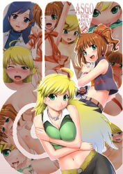 Rule 34 | 00s, 3girls, :d, ahoge, arm up, belt, blonde hair, blue eyes, blue hair, blush, bracelet, breasts squeezed together, breasts, brown hair, character name, cleavage, collarbone, content rating, cum, cum in mouth, earrings, facial, flat chest, green eyes, heart, hoshii miki, idolmaster, idolmaster (classic), idolmaster 1, index finger raised, jewelry, kisaragi chihaya, large breasts, long hair, looking at viewer, midriff, multiple girls, navel, necklace, nipples, nose blush, one eye closed, open mouth, ribbon, scrunchie, shirt, skirt, sleeveless, smile, star (symbol), takatsuki yayoi, tongue, tongue out, twintails, wink, zanzi