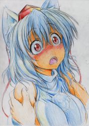 Rule 34 | 1girl, animal ears, bad id, bad pixiv id, bare shoulders, blush, breasts, colored pencil (medium), detached sleeves, female focus, hat, highres, inubashiri momiji, kitazinger, large breasts, open mouth, red eyes, short hair, solo, tears, tokin hat, touhou, traditional media, upper body, white hair, wide-eyed, wolf ears