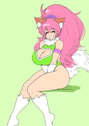 Rule 34 | 1girl, :d, animal ears, bare legs, bare shoulders, breasts, cat ears, cat girl, cleavage, cleavage cutout, clothing cutout, curvy, female focus, full body, happy, highleg, highleg leotard, highres, large breasts, leotard, long hair, open mouth, paw print, perisie (star ocean), pink hair, ponytail, ryoi, simple background, sitting, smile, solo, star ocean, star ocean first departure, thick thighs, thighs, thong leotard, very long hair, white background