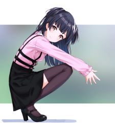Rule 34 | 1girl, black footwear, black hair, black skirt, black thighhighs, brown eyes, from side, high heels, highres, idolmaster, idolmaster shiny colors, long hair, long sleeves, looking at viewer, mary janes, mayuzumi fuyuko, own hands together, pink shirt, pumps, shirt, shoes, skirt, smile, solo, squatting, suke (momijigari), suspender skirt, suspenders, thighhighs, two side up