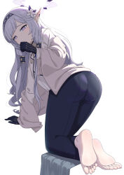Rule 34 | 1girl, all fours, ass, barefoot, black pants, blue archive, crossed ankles, feet, from behind, full body, gloves, grey hair, hairband, halo, heijialan, highres, himari (blue archive), long hair, looking at viewer, mole, mole under eye, pants, pointy ears, purple eyes, simple background, soles, solo, toes, wet, wet feet, white background