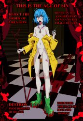 1futa absurdres bandaid bead_necklace beads blue_eyes blue_hair breasts censored checkered_floor coat collarbone cross cross_necklace english_text functionally_nude futanari highres holding holding_needle holding_staff hood hood_down hooded_jacket hoodie inverted_cross inverted_cross_necklace jacket jewelry jubilee_2025 luce_(jubilee_2025) lunaticker necklace needle raincoat small_breasts solo staff tagme testicles tongue tongue_out transgender_colors transgender_symbol