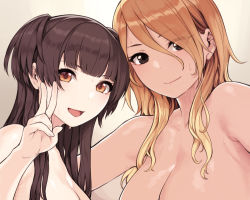 Rule 34 | 2girls, :d, black eyes, black hair, blonde hair, breasts, brown eyes, brown hair, cleavage, eyes visible through hair, idolmaster, idolmaster shiny colors, izumi mei, looking at viewer, mayuzumi fuyuko, multiple girls, nude, open mouth, smile, sunaba suzume, sweat, two side up, v