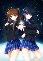 Rule 34 | 10s, 2girls, bare legs, black hair, blazer, blue eyes, blue skirt, bow, bowtie, breasts, brown eyes, brown hair, constellation, crossed arms, female focus, hime cut, jacket, legs, long hair, long sleeves, looking at viewer, multiple girls, necktie, ogiso setsuna, outstretched arm, philomelalilium, plaid, plaid skirt, school uniform, serious, skirt, sky, smile, snowflakes, standing, star (sky), starry sky, touma kazusa, two side up, white album (series), white album 2