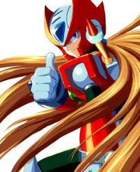 Rule 34 | 1boy, alternate hair color, android, blue eyes, brown hair, capcom, closed mouth, commentary request, helmet, hoshi mikan, long hair, looking at viewer, male focus, mega man (series), mega man x (series), messy hair, project x zone, robot, simple background, smile, solo, split mouth, thumbs up, upper body, weapon, weapon on back, white background, zero (mega man)