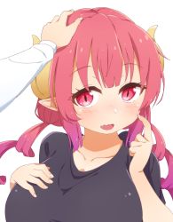 Rule 34 | 2girls, absurdres, black shirt, breasts, collarbone, dragon girl, dragon horns, embarrassed, fang, finger to cheek, gradient hair, hand on another&#039;s head, hand on own chest, headpat, highres, horns, huge breasts, ilulu (maidragon), index finger raised, kobayashi-san chi no maidragon, kobayashi (maidragon), light blush, long hair, looking at viewer, multicolored hair, multiple girls, open mouth, pink hair, pointy ears, red eyes, red hair, shirt, shortstack, simple background, twintails, upper body, white background, yaaben