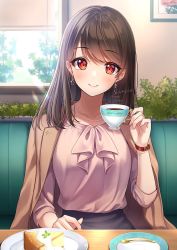 Rule 34 | 1girl, amagi shino, artist name, blouse, blush, bracelet, brown coat, brown eyes, brown hair, cake, character request, coat, coat on shoulders, coffee, coffee cup, collarbone, commentary request, copyright request, cup, disposable cup, drinking, earrings, english text, eyelashes, food, glint, hand up, happy, highres, holding, holding cup, indoors, jewelry, long sleeves, looking at viewer, medium hair, necklace, pink shirt, plate, red eyes, sample watermark, saucer, shirt, signature, sitting, smile, solo, teaspoon, watch, watermark, wristwatch