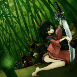 Rule 34 | 1girl, armor, bamboo, bamboo forest, barefoot, black hair, blood, blood on face, dirty, forest, grass, japanese clothes, katana, kimono, nature, no panties, senhappyaku, solo, sword, torn clothes, weapon