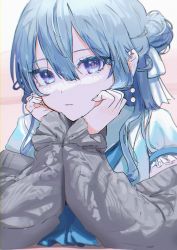 Rule 34 | 1girl, absurdres, blue hair, blue shirt, closed mouth, frilled sleeves, frills, grey jacket, hands on own chest, head rest, highres, hololive, hoshimachi suisei, hoshimachi suisei (school uniform), jacket, long hair, long sleeves, looking at viewer, off shoulder, open clothes, open jacket, purple eyes, roitz ( roitz ), shirt, short sleeves, solo, star (symbol), star in eye, symbol in eye, upper body, virtual youtuber