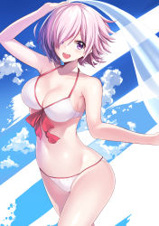 Rule 34 | 1girl, adapted costume, bikini, blush, breasts, cleavage, cloud, cloudy sky, collarbone, commentary request, cowboy shot, eyes visible through hair, fate/grand order, fate (series), front-tie bikini top, front-tie top, hair over one eye, highres, light purple hair, looking at viewer, mash kyrielight, mash kyrielight (swimsuit of perpetual summer), medium breasts, nagiha kuten, official alternate costume, open mouth, purple eyes, short hair, sky, smile, solo, swimsuit, veil