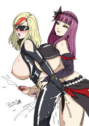 Rule 34 | 10s, 2futa, amanoja9, arm support, arm warmers, bare shoulders, black nails, blonde hair, blush, breasts, cleavage, cleavage cutout, clothing cutout, collarbone, coloring, cum, cum on body, eyebrows, from side, futa with futa, futanari, glasses, hair ornament, hasami rein, highres, huge breasts, lady j, large breasts, leaning forward, lips, long hair, multicolored hair, multiple futa, nail polish, open mouth, profile, purple hair, red hair, sex, sex from behind, simple background, smile, streaked hair, sunglasses, third-party edit, underboob, valkyrie drive, valkyrie drive -mermaid-, very long hair, white background, yellow eyes