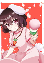 Rule 34 | 1girl, absurdres, animal ears, breasts, brown hair, carrot necklace, closed mouth, commentary, dango, dress, floppy ears, food, foreshortening, hair between eyes, highres, holding, holding food, inaba tewi, incoming food, jewelry, komori hiki16, leaning forward, light blush, looking at viewer, necklace, petals, pink dress, pink eyes, puffy short sleeves, puffy sleeves, rabbit ears, rabbit tail, reaching, reaching towards viewer, red background, sanshoku dango, short hair, short sleeves, signature, simple background, small breasts, smile, solo, tail, touhou, wagashi