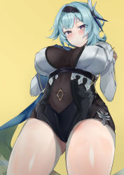 Rule 34 | 1girl, absurdres, aqua hair, blush, bodystocking, breasts, breasts apart, cowboy shot, eula (genshin impact), genshin impact, hair ornament, hands on own chest, highres, large breasts, leotard, long sleeves, open clothes, qianshui baodan, solo, thighs, yellow background