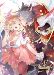 Rule 34 | 1boy, 1girl, animal ears, blonde hair, blush, breasts, cape, cleavage, confetti, djeeta (granblue fantasy), erune, gloves, granblue fantasy, holding hands, headband, hood, mask, open mouth, p m 5, pink skirt, short hair, silver hair, seox (granblue fantasy), skirt, smile, thighhighs, twitter username, white cape, white gloves