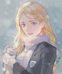 Rule 34 | 1girl, black jacket, blonde hair, blue eyes, cardigan, gloves, hair ornament, holding, jacket, long sleeves, looking at viewer, open clothes, open jacket, parted bangs, parted lips, persona, persona 5, scarf, solo, sukly, takamaki anne, upper body, white cardigan, white gloves, white scarf