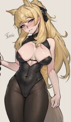 Rule 34 | 1girl, absurdres, animal ears, arknights, artist name, bare arms, bare shoulders, black leotard, black pantyhose, blemishine (arknights), blonde hair, blush, breasts, brown eyes, cleavage, covered navel, grey background, head tilt, highres, horse ears, horse girl, horse tail, large breasts, leotard, long hair, looking at viewer, pantyhose, parted lips, ponytail, sidelocks, signature, simple background, smile, solo, strapless, strapless leotard, tail, tierla, very long hair