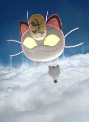 Rule 34 | 1boy, 1girl, above clouds, aircraft, cloud, commentary request, creatures (company), game freak, gen 1 pokemon, gigantamax, gigantamax meowth, highres, hot air balloon, james (pokemon), jessie (pokemon), long hair, meowth, nintendo, otsumami (bu-bu-heaven), pokemon, pokemon (anime), pokemon (creature), pokemon journeys, sandbag, team rocket, team rocket uniform