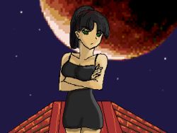 Rule 34 | 1girl, black hair, crossed arms, dress, embric of wulfhammer&#039;s castle, louni quickfingers, lowres, moon, night, outdoors, pixel art, ponytail, qvga, short dress, solo, star (sky)