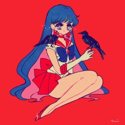 Rule 34 | bird, bishoujo senshi sailor moon, crow, earrings, highres, hino rei, jewelry, legs, long hair, magical girl, red background, red skirt, sailor mars, skirt