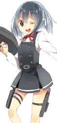 Rule 34 | 10s, 1girl, ;d, belt, blouse, buttons, caddy cyd, cannon, dress, grey hair, gun, hair ribbon, hat, highres, holding, holding gun, holding weapon, kantai collection, long hair, long sleeves, looking at viewer, machinery, one eye closed, ooshio (kancolle), ooshio kai ni (kancolle), open mouth, pinafore dress, ribbon, round teeth, school uniform, shirt, short hair, simple background, sleeveless, sleeveless dress, smile, solo, suspenders, teeth, torpedo, turret, twintails, weapon, white background, white shirt