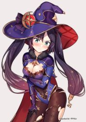 Rule 34 | 1girl, aqua eyes, blush, breasts, cape, cleavage, fur trim, genshin impact, gloves, hair ornament, hat, hat ornament, highres, leotard, long sleeves, looking at viewer, mona (genshin impact), pantyhose, purple hair, sasha chii, simple background, solo, star (symbol), star hair ornament, star hat ornament, torn clothes, torn pantyhose, twintails, white background, witch hat