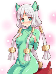 Rule 34 | 1girl, amica, blush, bodysuit, breasts, cougar (cougar1404), dragon: marked for death, green bodysuit, green eyes, hat, horns, long hair, medium breasts, navel, oracle (dmfd), skin tight, tagme, white hair