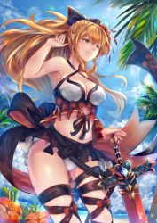 Rule 34 | 1girl, armpits, bare shoulders, bikini, black bow, blonde hair, blue sky, bow, breasts, chalollita, cleavage, closed mouth, cowboy shot, criss-cross halter, day, flower, granblue fantasy, groin, hair between eyes, hair bow, hair flower, hair ornament, halterneck, hibiscus, highres, large breasts, long hair, navel, outdoors, ponytail, sarong, sidelocks, sky, smile, solo, stomach, sunlight, swimsuit, sword, vira (granblue fantasy), weapon, white bikini, yellow eyes